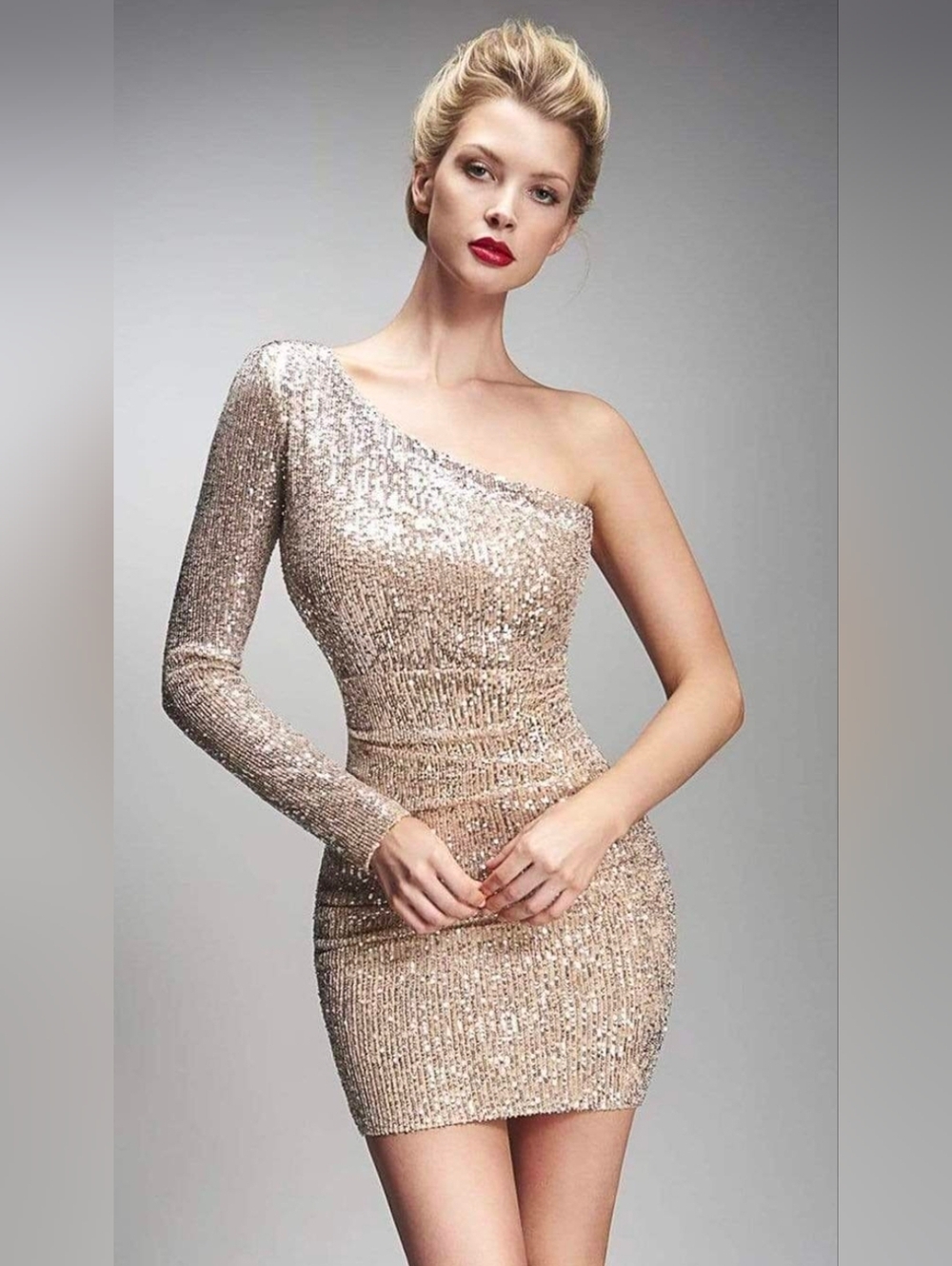 Nicole Bakti Designer Couture One Sleeve Open Back Silver Sequin Mini Dress L